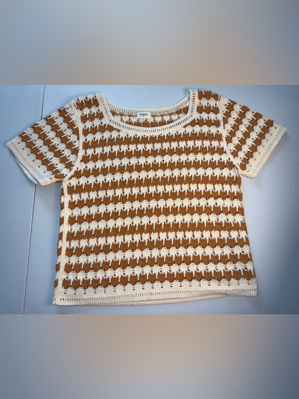 World Market Crochet Knit Short Sleeve Top Size S/M Brown Cream Boho - Picture 3 of 7